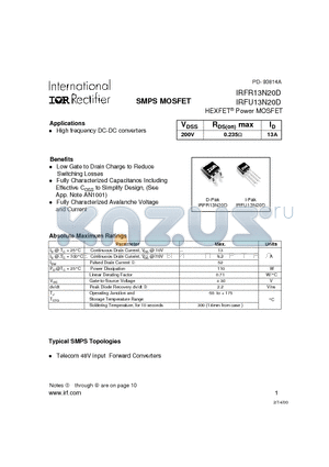 IRFR13N20D datasheet - Power MOSFET(Vdss=200V, Rds(on)max=0.235ohm, Id=13A)