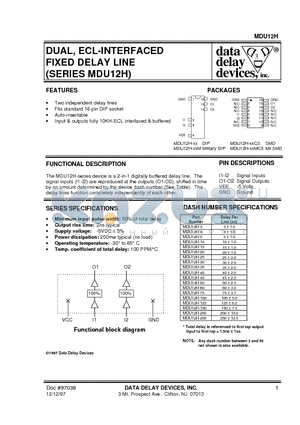 MDU12H-10 datasheet - DUAL, ECL-INTERFACED FIXED DELAY LINE (SERIES MDU12H)