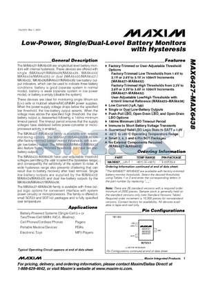 MAX6427 datasheet - Low-Power, Single/Dual-Level Battery Monitors with Hysteresis