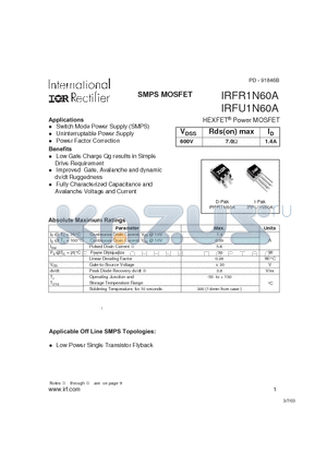 IRFR1N60A datasheet - Power MOSFET(Vdss=600V, Rds(on)max=7.0ohm, Id=1.4A)