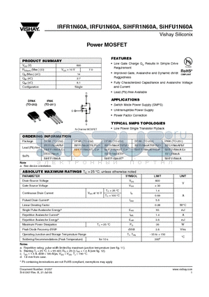 IRFR1N60ATRLPBF datasheet - Power MOSFET