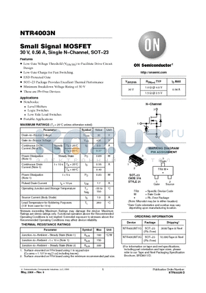NTR4003N datasheet - Small Signal MOSFET 30 V, 0.56 A, Single N−Channel, SOT−23