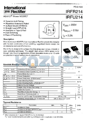 IRFR214 datasheet - Power MOSFET(Vdss=250V, Rds(on)=2.0ohm, Id=2.2A)