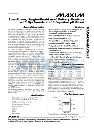 MAX6439 datasheet - Low-Power, Single-/Dual-Level Battery Monitors with Hysteresis and Integrated uP Reset