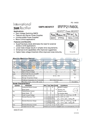 IRFR21N60L datasheet - SMPS MOSFET