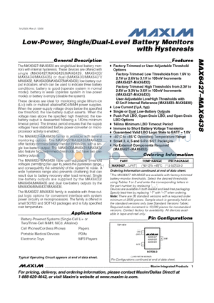 MAX6437UT-T datasheet - Low-Power, Single/Dual-Level Battery Monitors with Hysteresis