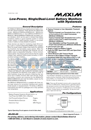 MAX6438 datasheet - Low-Power, Single/Dual-Level Battery Monitors with Hysteresis