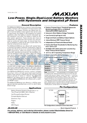 MAX6439UTA datasheet - Low-Power, Single-/Dual-Level Battery Monitors with Hysteresis and Integrated uP Reset