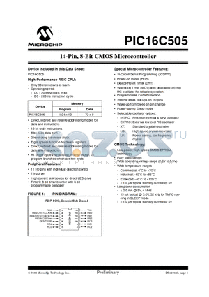 PIC16LC505-04I/JW datasheet - 14-Pin, 8-Bit CMOS Microcontroller