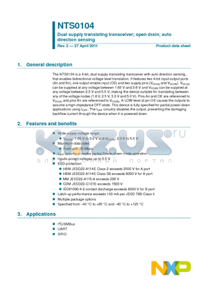 NTS0104PW datasheet - Dual supply translating transceiver; open drain; auto direction sensing