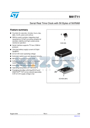 M41T11MH6F datasheet - Serial Real Time Clock with 56 Bytes of NVRAM