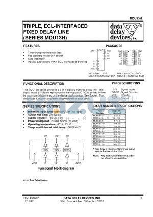 MDU13H datasheet - TRIPLE, ECL-INTERFACED FIXED DELAY LINE (SERIES MDU13H)