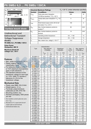 P6SMBJ11A datasheet - Unidirectional and bidirectional Transient Voltage Suppressor diodes