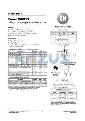 NTS4101PT1G datasheet - Power MOSFET -20 V, -1.37 A, Single P-Channel, SC-70
