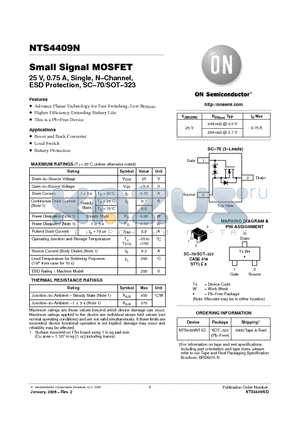 NTS4409N datasheet - Small Signal MOSFET 25 V, 0.75 A, Single, N−Channel, ESD Protection, SC−70/SOT−323