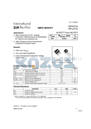 IRFR3704 datasheet - Power MOSFET(Vdss=20V, Rds(on)max=9.5mohm, Id=75A)