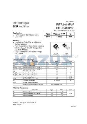 IRFR3418PBF datasheet - HEXFET Power MOSFET