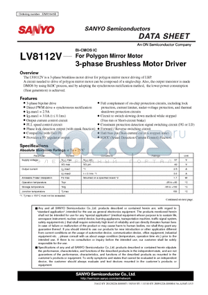 LV8112V datasheet - For Polygon Mirror Motor 3-phase Brushless Motor Driver