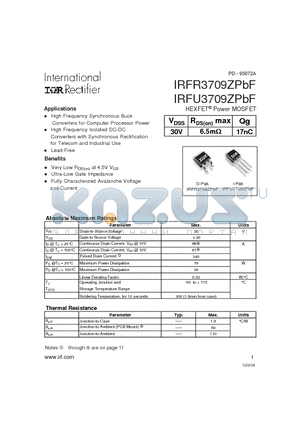 IRFR3709ZPBF datasheet - HEXFET Power MOSFET ( VDSS = 30V , RDS(on)max = 6.5mY , Qg = 17nC )