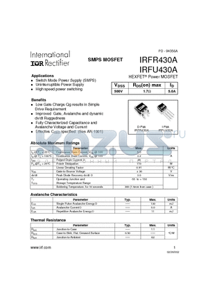 IRFR430A datasheet - SMPS MOSFET