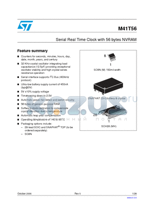 M41T56 datasheet - 512 bit 64b x8 Serial Access TIMEKEEPER SRAM