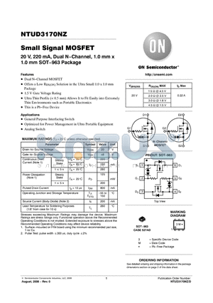 NTUD3170NZT5G datasheet - Small Signal MOSFET 20 V, 220 mA, Dual N−Channel, 1.0 mm x 1.0 mm SOT−963 Package