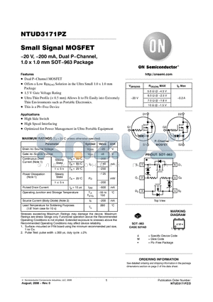 NTUD3171PZT5G datasheet - Small Signal MOSFET −20 V, −200 mA, Dual P−Channel, 1.0 x 1.0 mm SOT−963 Package
