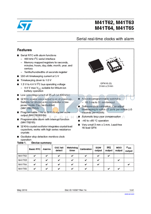 M41T62Q6F datasheet - Serial real-time clocks with alarm