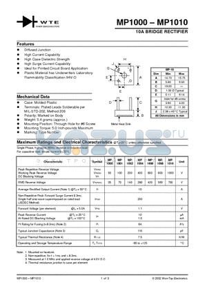 MP1001 datasheet - 10A BRIDGE RECTIFIER