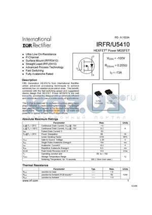 IRFR5410 datasheet - Power MOSFET(Vdss=-100V, Rds(on)=0.205ohm, Id=-13A)