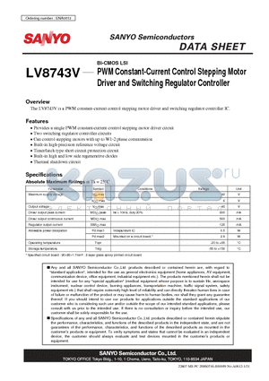 LV8743V datasheet - Bi-CMOS LSI PWM Constant-Current Control Stepping Motor Driver and Switching Regulator Controller