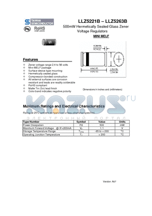 LLZ5157B datasheet - 500mW Hermetically Sealed Glass Zener Voltage Regulators