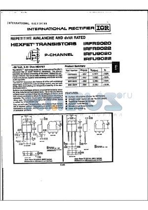 IRFR9022 datasheet - REPETITIVE AVALANCHE AND dv/dt RATED HEXFET TRANSISTORS