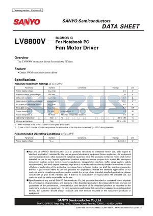 LV8800V datasheet - For Notebook PC Fan Motor Driver