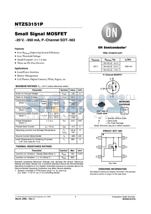 NTZS3151PT5G datasheet - Small Signal MOSFET −20 V, −950 mA, P−Channel SOT−563