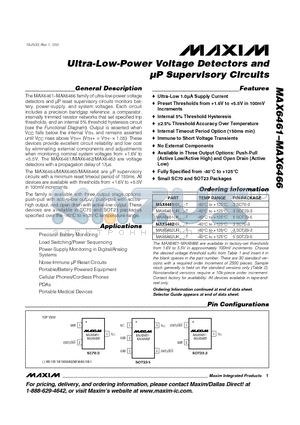 MAX6464 datasheet - Ultra-Low-Power Voltage Detectors and UP Supervisory Circuits