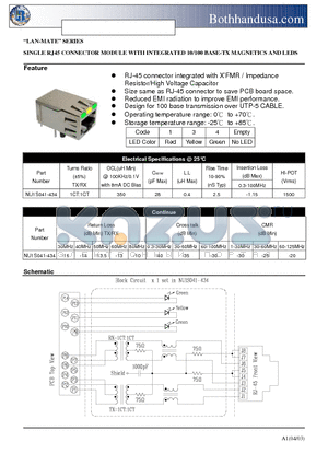NU1S041-434 datasheet - SINGLE RJ45 CONNECTOR MODULE WITH INTEGRATED 10/100 BASE-TX MAGNETICS AND LEDS