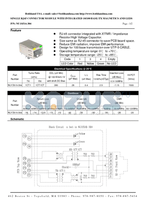 NU1S516-304 datasheet - SINGLE RJ45 CONNECTOR MODULE WITH INTEGRATED 10/100 BASE-TX MAGNETICS AND LEDS
