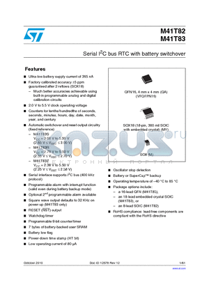 M41T82RQA6E datasheet - Serial I2C bus RTC with battery switchover