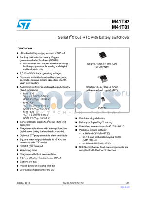 M41T82SQA6E datasheet - Serial I2C bus RTC with battery switchover