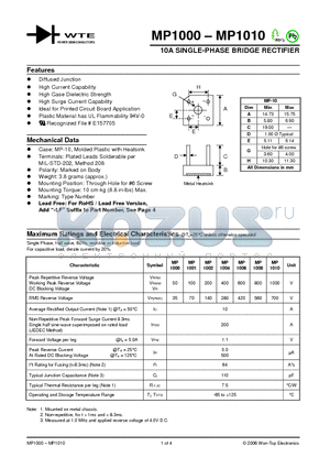 MP1010 datasheet - 10A SINGLE-PHASE BRIDGE RECTIFIER