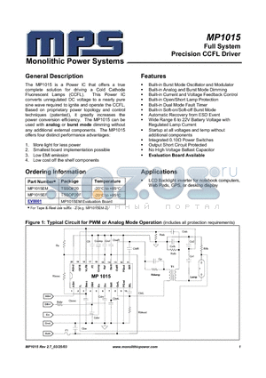 MP1015 datasheet - Full System Precision CCFL Driver