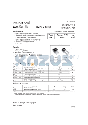 IRFRU3707PBF datasheet - HEXFET^ Power MOSFET