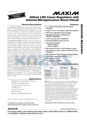 MAX6470TA_D_-T datasheet - 300mA LDO Linear Regulators with Internal Microprocessor Reset Circuit