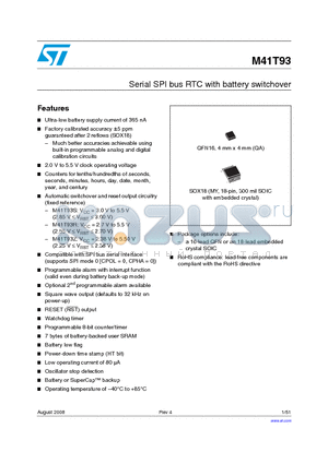 M41T93SQA6F datasheet - Serial SPI bus RTC with battery switchover