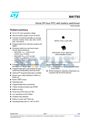 M41T93ZMY6F datasheet - Serial SPI bus RTC with battery switchover