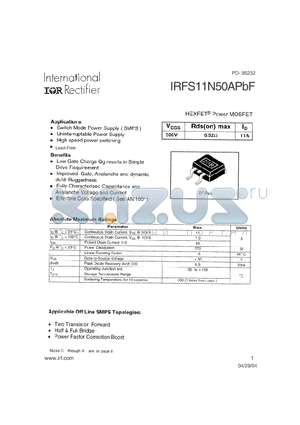 IRFS11N50APBF datasheet - HEXFET^ Power MOSFET