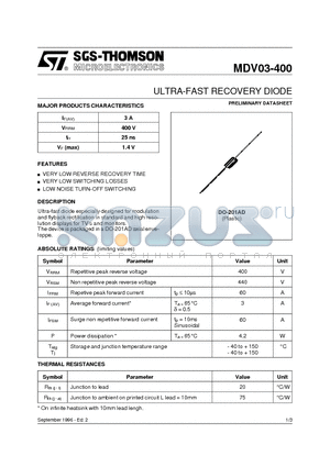 MDV03-400 datasheet - ULTRA-FAST RECOVERY DIODE