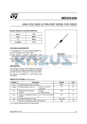 MDV04-600 datasheet - HIGH VOLTAGE ULTRA-FAST DIODE FOR VIDEO