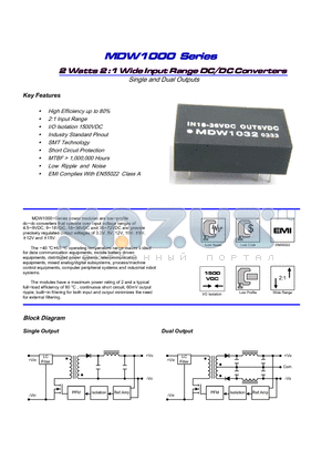 MDW1000 datasheet - 2 Watts 2 :1 Wide Input Range DC/DC Converters Single and Dual Outputs